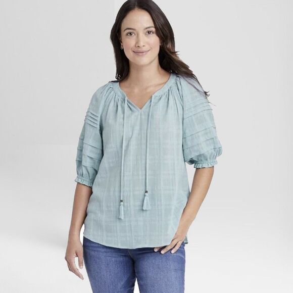 Knox Rose Top Womens Large Puff Elbow Sleeve Tasseled Peasant Cotton NEW W Tags - Picture 1 of 10